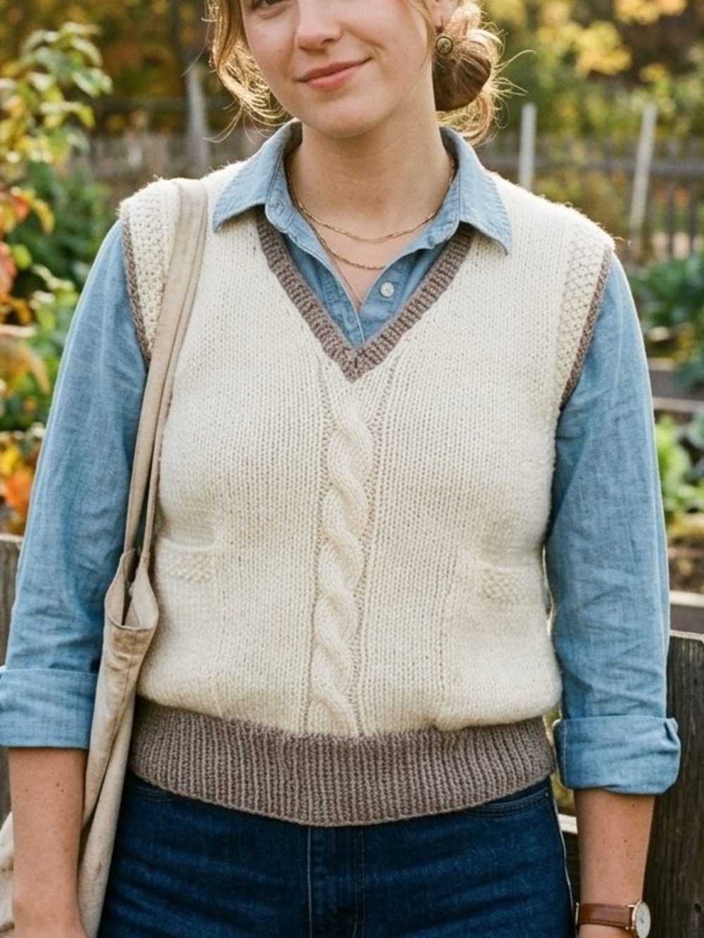 Hand Knit V-Neck Cream Sweater Vest